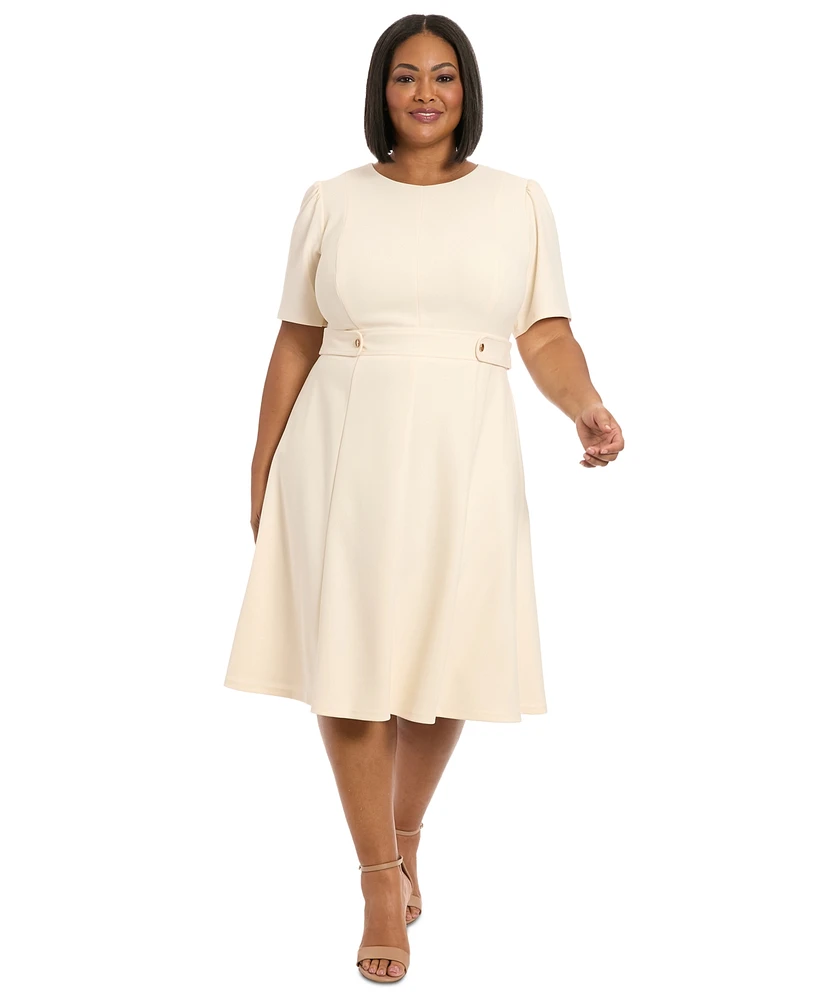 London Times Plus Size Crewneck Button-Tab Short-Sleeve Midi Dress