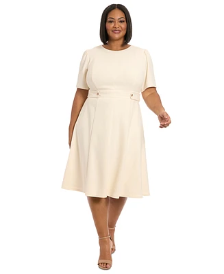 London Times Plus Size Crewneck Button-Tab Short-Sleeve Midi Dress