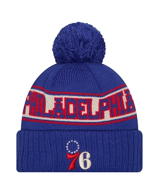 New Era Men's Royal Philadelphia 76ers Throwback Retro Cuffed with Pom Knit Hat