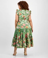 Anne Klein Plus Size Printed Drawstring-Waist Midi Dress