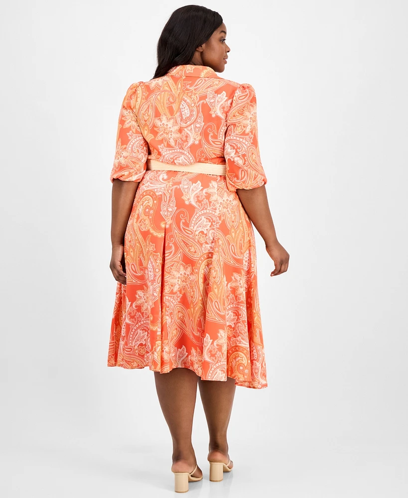 Tahari Asl Plus Printed Belted Midi Shirtdress