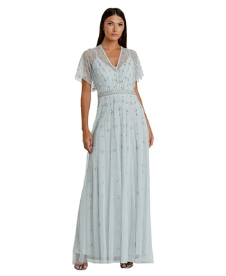 Mac Duggal Women's V-Neck Embellished Flutter Sleeve A Line Gown