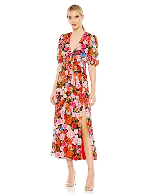 Mac Duggal Women's Floral Print Front Tie Puff Sleeve Flowy Midi Dress