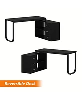 Famapy 55.1 in. L-Shaped Gray Wood Computer Desk Writing Office Executive W/Removable Tabletop, Shelves, 3-Drawers