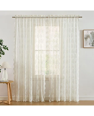 Hlc.me Jolene Floral Soft Decorative Lace Semi Sheer Light Filtering Rod Pocket Window Treatment Curtain Drapery Panels for Bedroom & Living Room