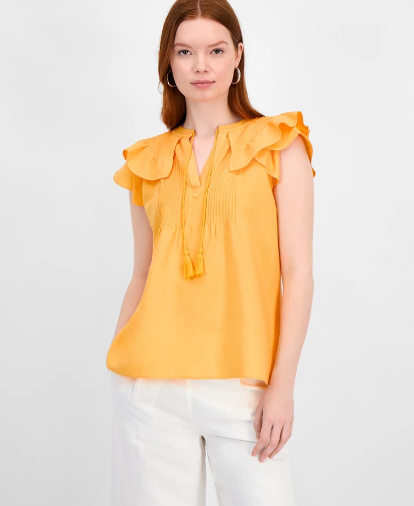 T Tahari Women's Woven Tasseled-Tie Flutter-Sleeve Blouse