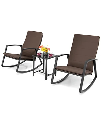 Gymax 3PCS Rattan Bistro Rocking Chair Set Patio Furniture w/ Cushions