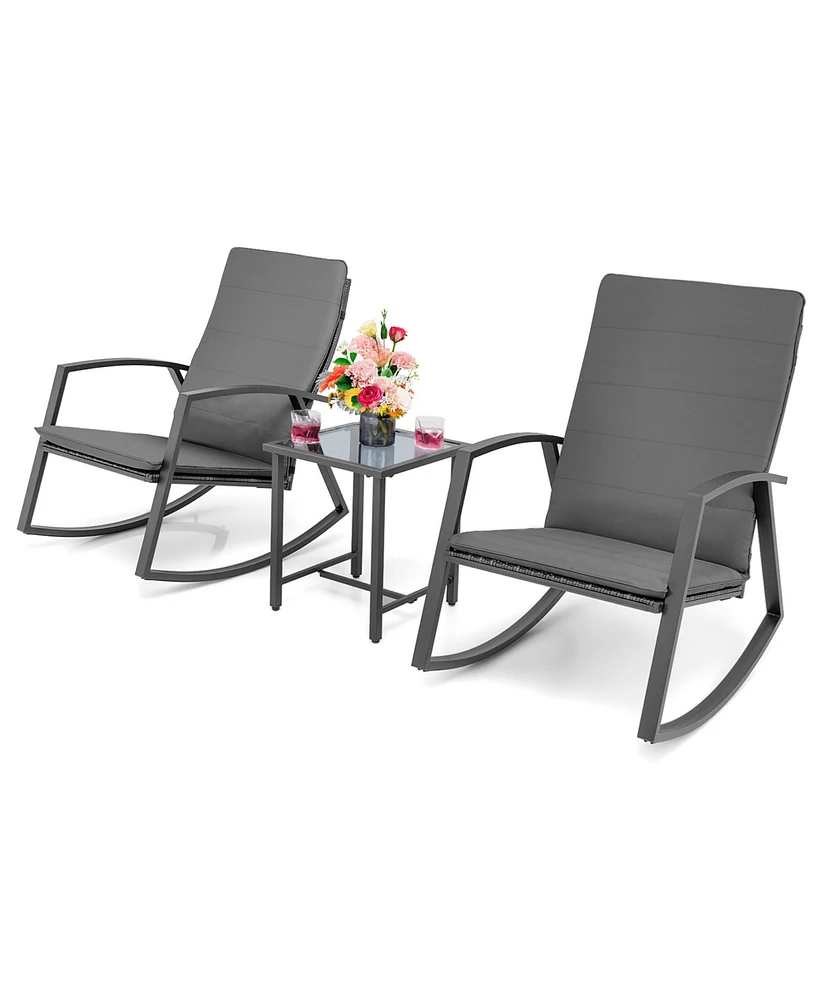 Gymax 3PCS Rattan Bistro Rocking Chair Set Patio Furniture w/ Cushions