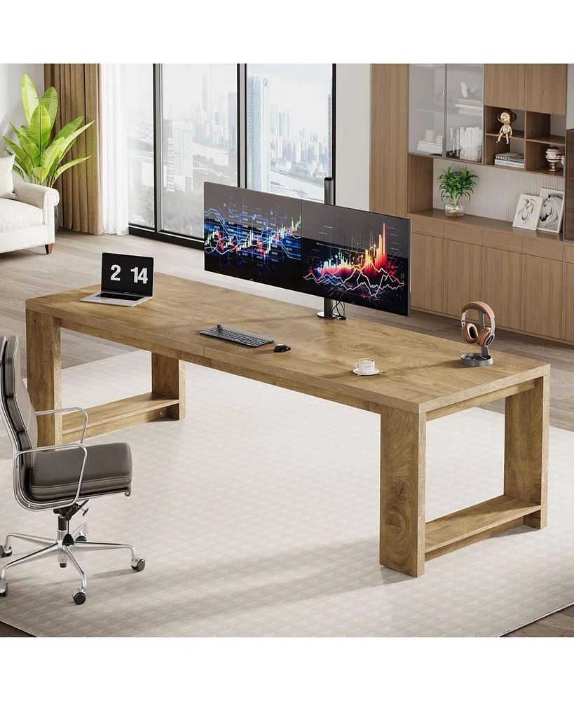 Tribesigns 2 Person Desk, 86.6 Inches Extra Long Desk, Double Computer Writing Table, All Wood Large Desks Workstation for Home Office, Natural Oak