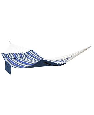 Outdoor Quilted Double Hammock with Pillow and Curved Metal Spreader Bars