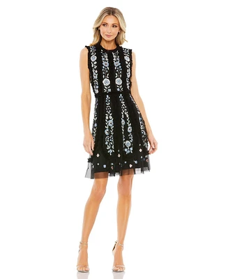 Mac Duggal Women's Sleeveless High Neck Embroidered Mini Dress