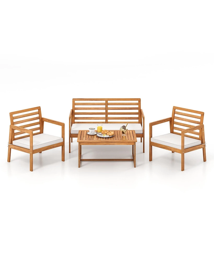 Gymax 4 Pcs Wood Patio Furniture Set w/ Soft Seat Cushions Solid Acacia Wood Frame