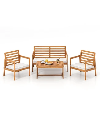 Gymax 4 Pcs Wood Patio Furniture Set w/ Soft Seat Cushions Solid Acacia Wood Frame