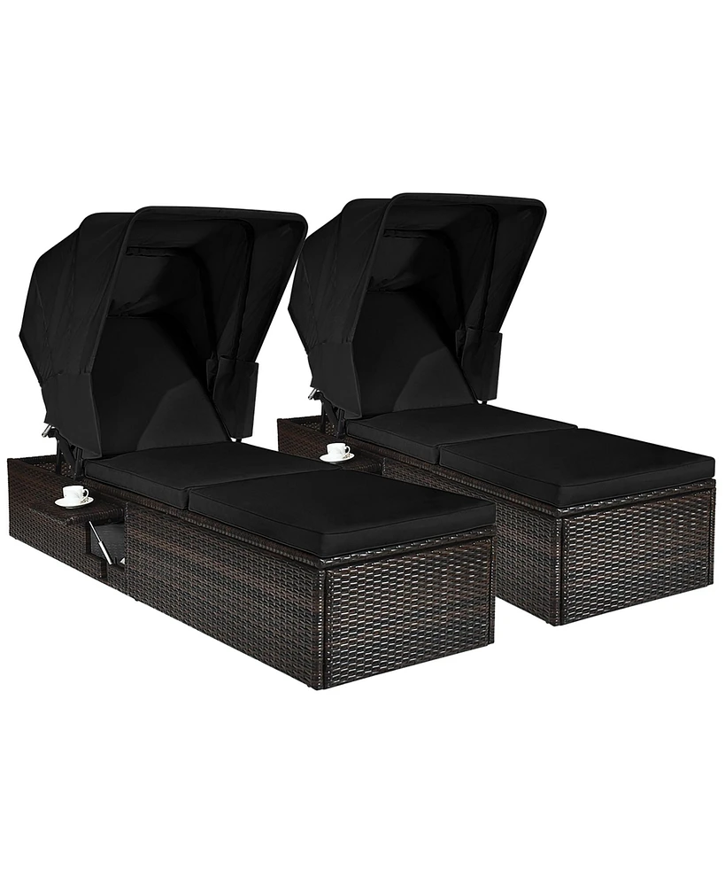 2PCS Patio Rattan Lounge Chair Chaise Cushion Canopy Adjustable Tea Table