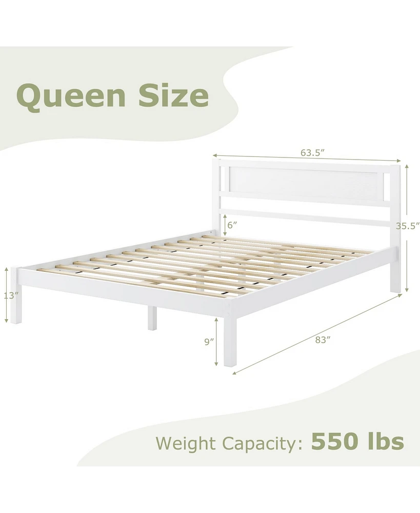 Wood Bed Frame with Headboard and Sturdy Wooden Slat Support for Mattress