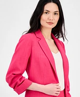 T Tahari Women's Ruched-Sleeve Open-Front Blazer