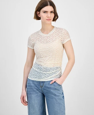 Bar Iii Women's Lace Short-Sleeve Crewneck Tee, Exclusively at Macy's