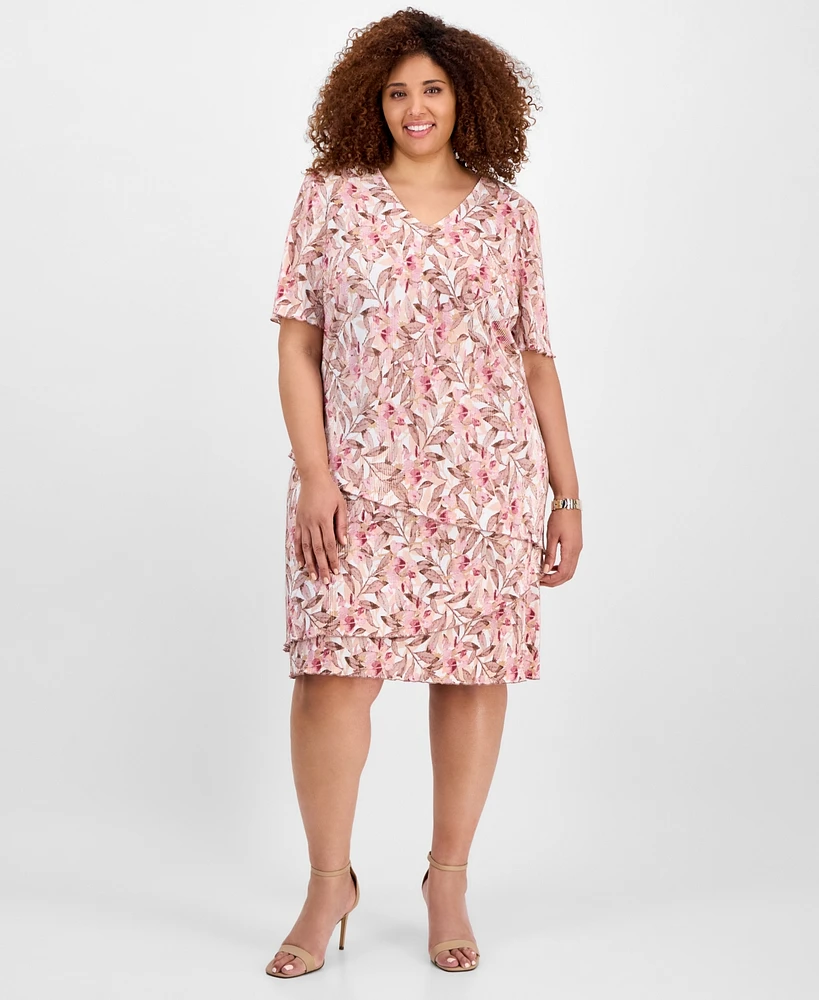 Connected Plus Size V-Neck Asymmetric-Tier Sheath Dress