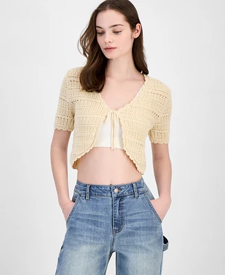 Ultra Flirt Juniors' Pointelle-Knit Tie-Front Cardigan