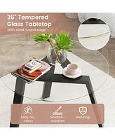 3 Pcs Dining Set for 2 Round Table with 2 Chairs Solid Rubber Wood Frame Modern