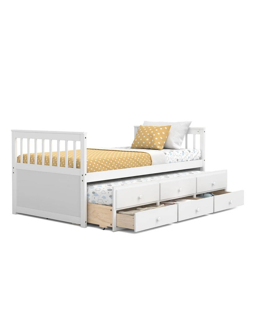 Captain s Bed with Pull-Out Trundle and 3 Storage Drawers for Kids or Guest Room