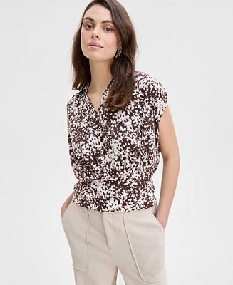 I.n.c. International Concepts Women's Printed Ruched-Shoulder Top
