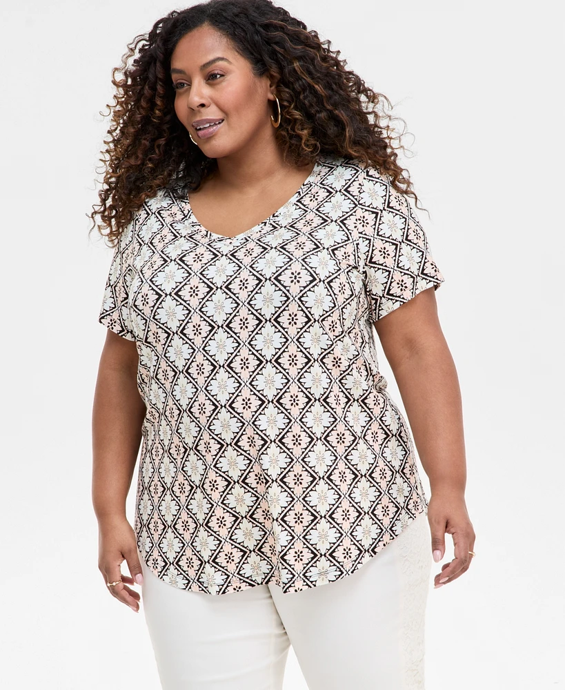 Jm Collection Plus Printed Scoop-Neck Top