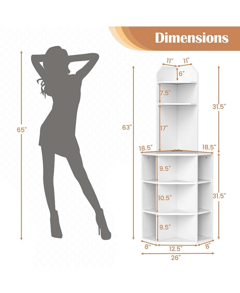 6-Tier Corner Shelf 63" Tall Corner Bookshelf with 2 Usb Ports & Charging Station
