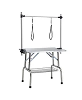 46" Folding Dog Pet Grooming Table Stainless Steel Frame Rubber Mat on Board with Adjustable Arm and Clamps pet dog Cat Grooming Table (Pink Color)