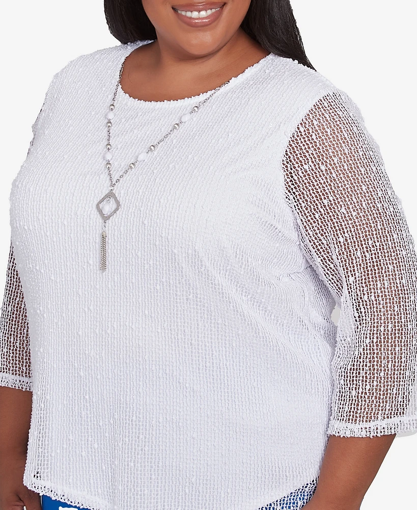 Alfred Dunner Plus Parrot Cay Popcorn Mesh Crew Neck Top with Necklace