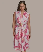 Donna Karan New York Plus Size Floral-Print Belted Midi Dress