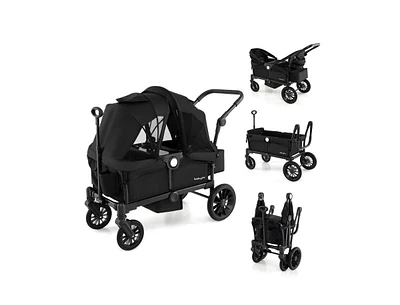 Slickblue Kids 2-Seater Collapsible Wagon Stroller with Push Pull Handle and Adjustable Bar