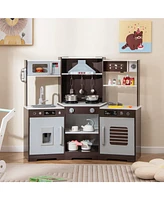 Pretend Play Wooden Kitchen Toy Set with Range Hood Real Sounds and Lights for Kids