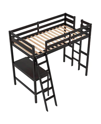Loft Bed Frame with Angled Desk and Built-in Ladder Space-Saving Design for Bedroom or Dorm