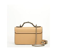 Susu Women s Beige Studded Crossbody Bag Designer Leather Shoulder Purse with Chain Strap and Top Handle, Statement Handbag with Silver Embellishments
