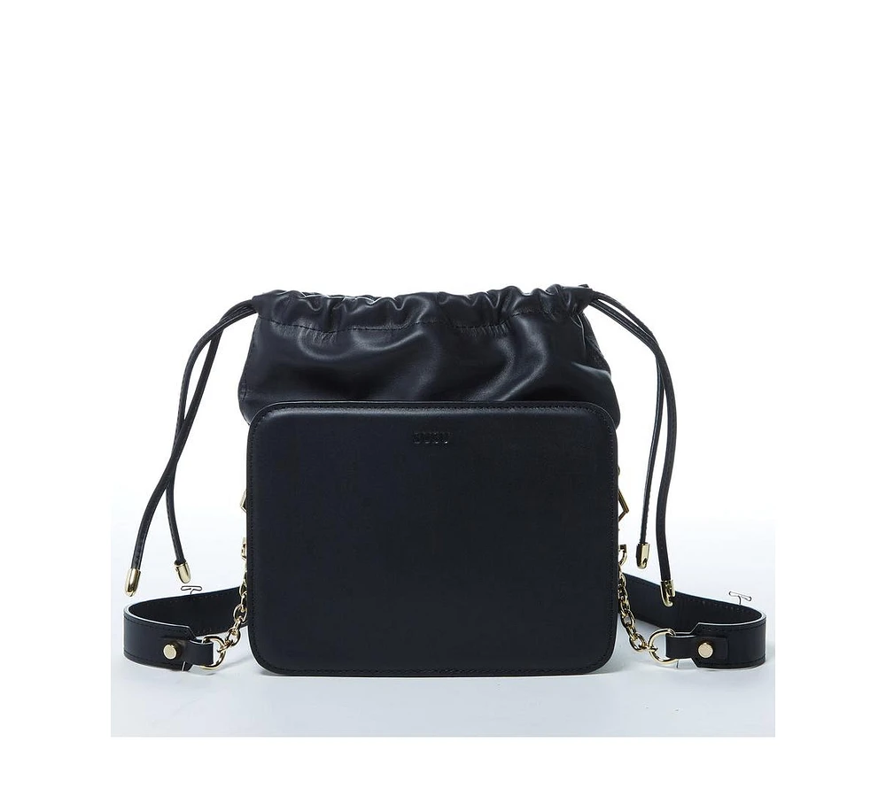 Susu Black Leather Bucket Bag Medium Size Purse for Women with Drawstring Closure