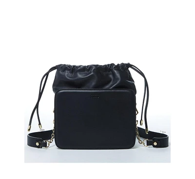 Susu Black Leather Bucket Bag Medium Size Purse for Women with Drawstring Closure