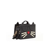 Susu Leather Cat Bag Black Crossbody Purse Women's Handbag with Top Handle and Adjustable Strap
