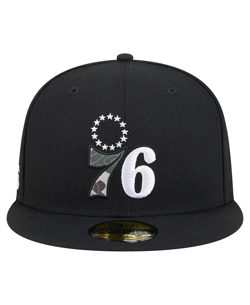 New Era Men's Black Philadelphia 76ers Camo Print Uv 59FIFTY Fitted Hat