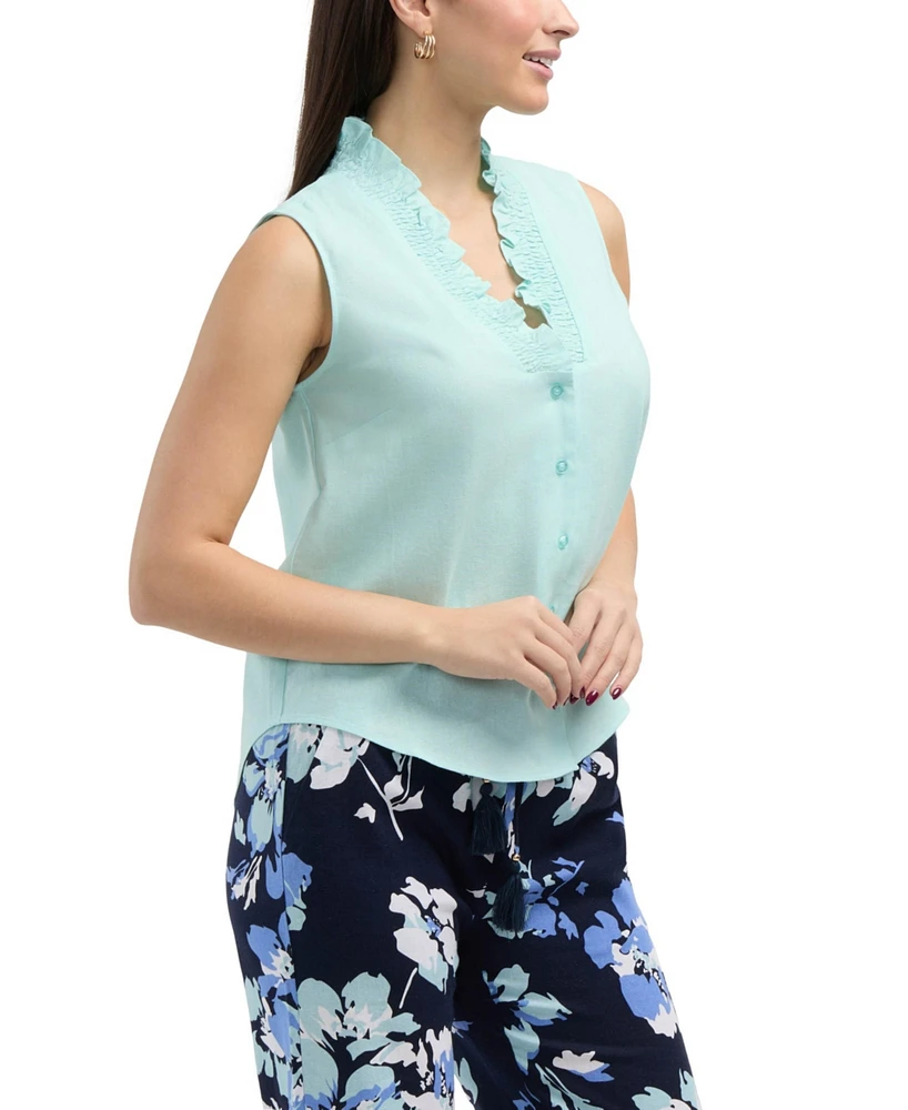 Ellen Tracy Women's Sleeveless Ruffle Neckline Top