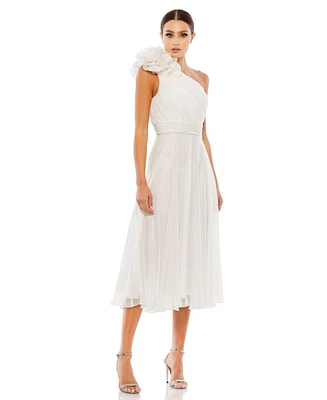 Mac Duggal Women's Rosette One Shoulder Tea Length Dress