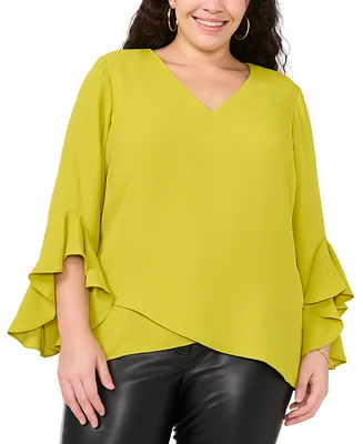 Vince Camuto Plus Size Printed V-Neck 3/4-Flutter-Sleeve Blouse