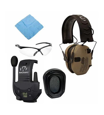 Walker's Razor Slim Electronic Shooting Hearing Protection Muff, Distressed Flag Bundle with Walkie Talkie Gel Filled Earpad and Glasses