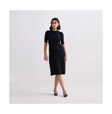Reistor Women's High Neck Elbow Sleeves Fitted Dress