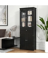 Bathroom Storage Cabinet with 2 Glass Doors and Adjustable Shelves Drawer