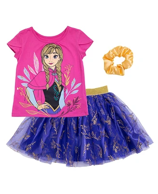Frozen Toddler Girls Disney Princess Moana T-Shirt Tulle Skirt and Scrunchie 3 Piece Outfit Set