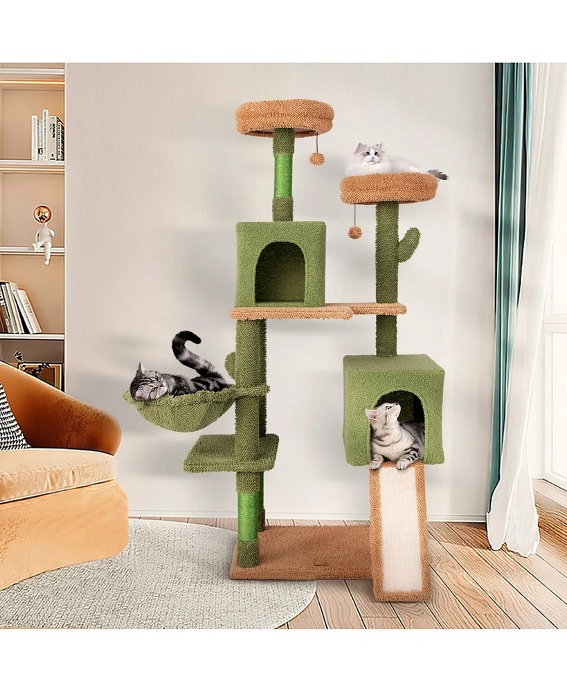 Multi-Level Cactus Cat Tree with Scratching Posts, Ladder, Double Condos & Toy Bed Fun & Cozy Cat Playhouse