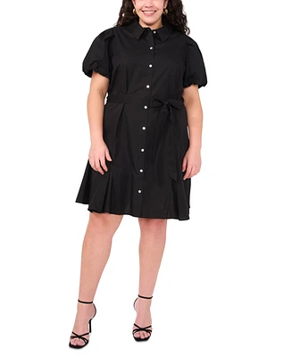 Msk Plus Size Cotton Puff-Sleeve Belted Shirtdress