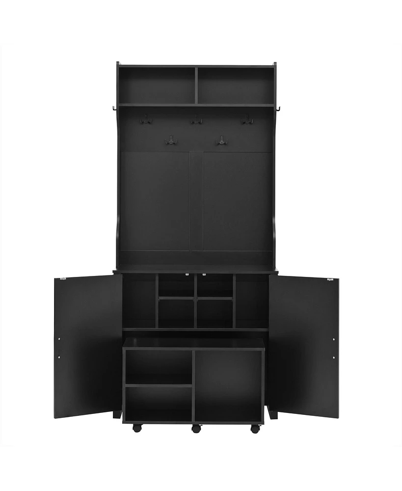 4-in-1 Farmhouse Hall Tree with Barn Doors, Movable Bench, Hooks, and Shoe Cabinet