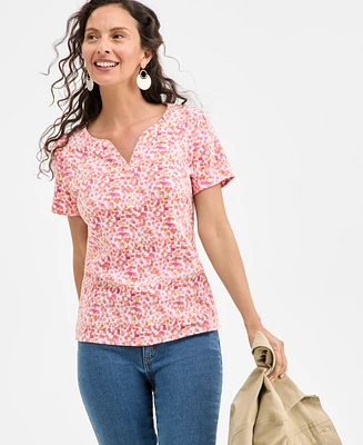 Style & Co Petite Squares Printed Short-Sleeve Henley Top, Exclusively at Macy's